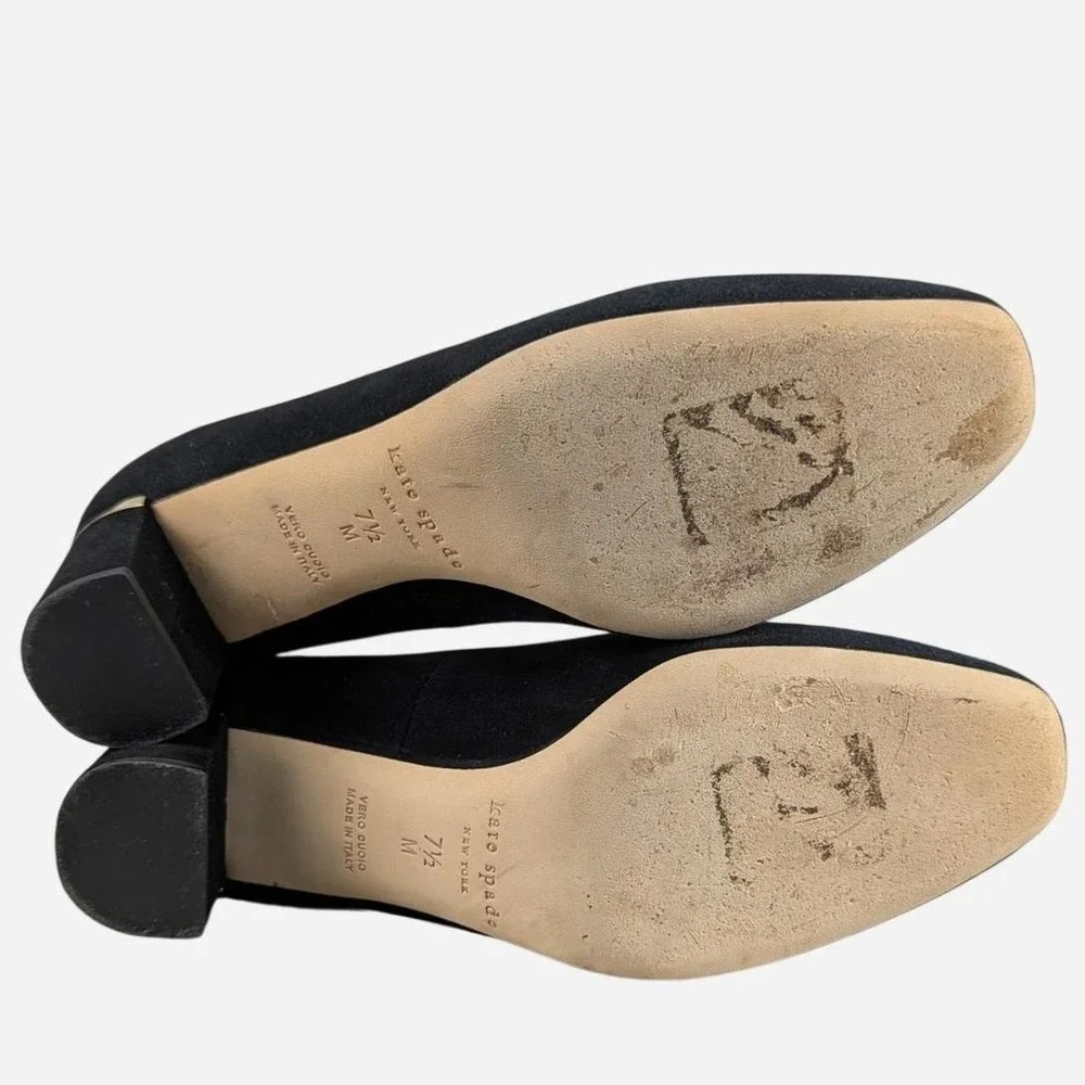 Kate Spade New York Black Suede Block Heel Pump Gold Hardware Size 7.5